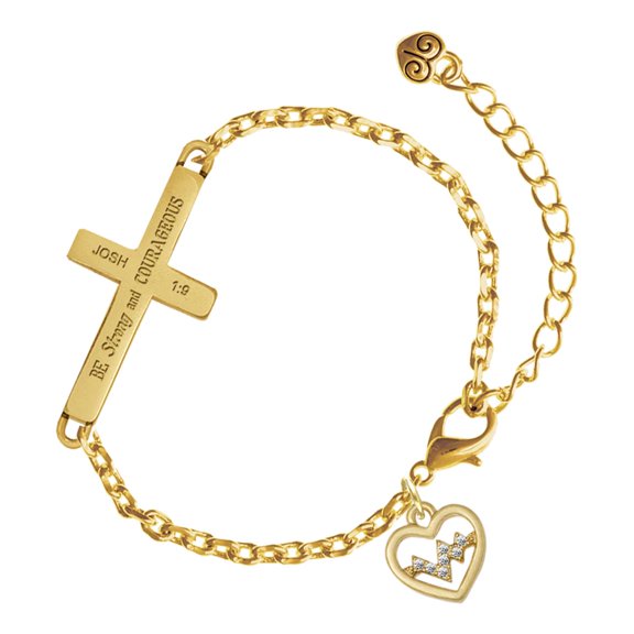 Delight Jewelry Gold-tone Heart - Crystal Heartbeat - Gold Tone Joshua 1:9 Strong and Courageous Engraved Cross Charm Bracelet, 6.5+1.5" Extender