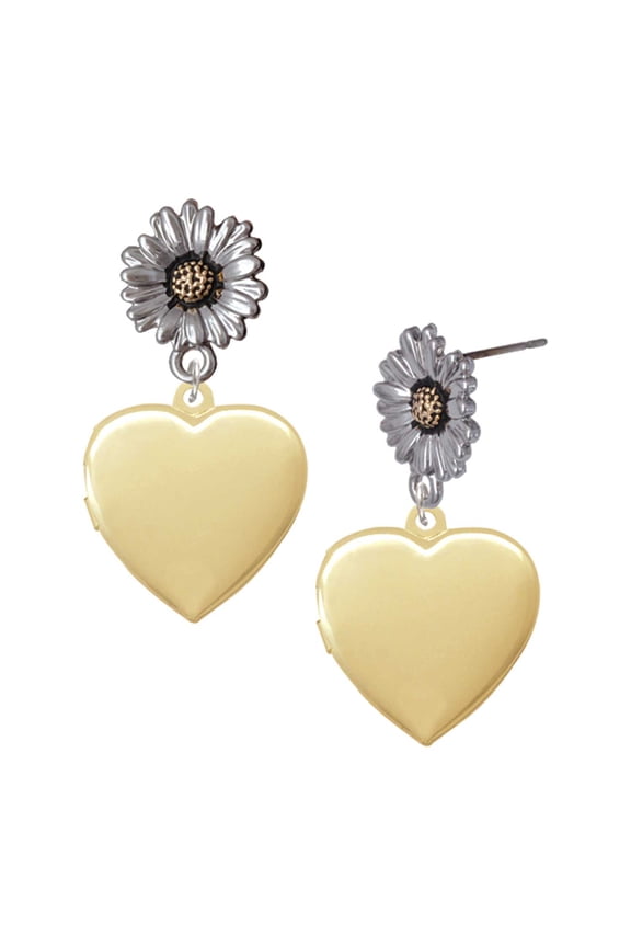 Gold-tone Heart Locket - Two-tone Daisy Flower Post Earrings