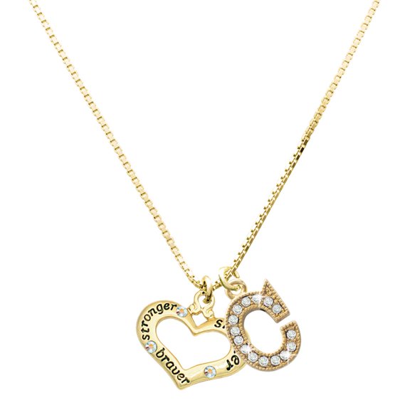 Delight Jewelry Gold-tone Heart with 3 AB Crystals - Stronger Braver Smarter with a Large Goldtone Crystal Initial - C - Charm Necklace, 17.5"+2"