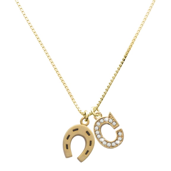 Delight Jewelry Gold-tone Horseshoe with a Large Goldtone Crystal Initial - C - Charm Necklace, 17.5"+2"