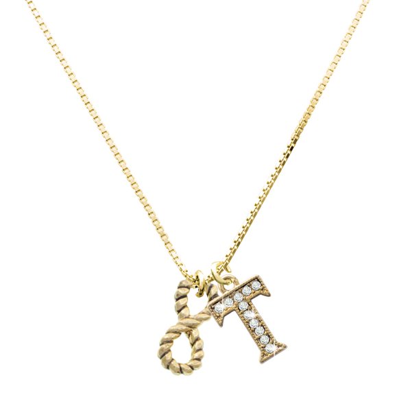 Delight Jewelry Gold-tone Infinity Rope - Large Goldtone Crystal Initial - T - Charm Necklace, 17.5"+2"