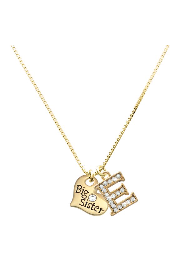 Gold-tone Large Big Sister Heart with Clear Crystal - Large Goldtone Crystal Initial - E - Charm Necklace, 17.5"+2"