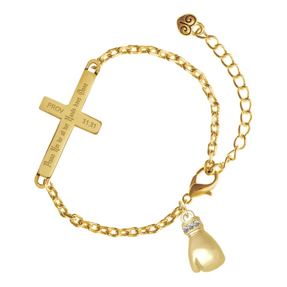 Delight Jewelry Gold-tone Large Boxing Glove - Gold Tone Proverbs 31:31 Praise Her for all Her Hands have Done Engraved Cross Charm Bracelet, 6.5+1.5" Extender