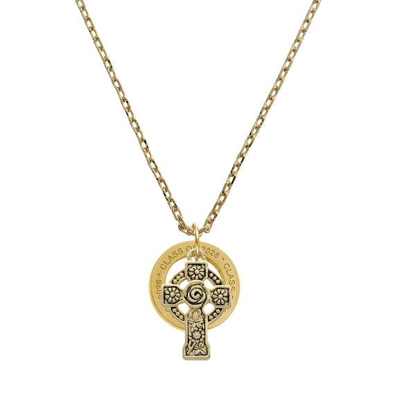Delight Jewelry Gold-tone Large Celtic Cross - Class of 2026 Affirmation Ring Necklace, 23"