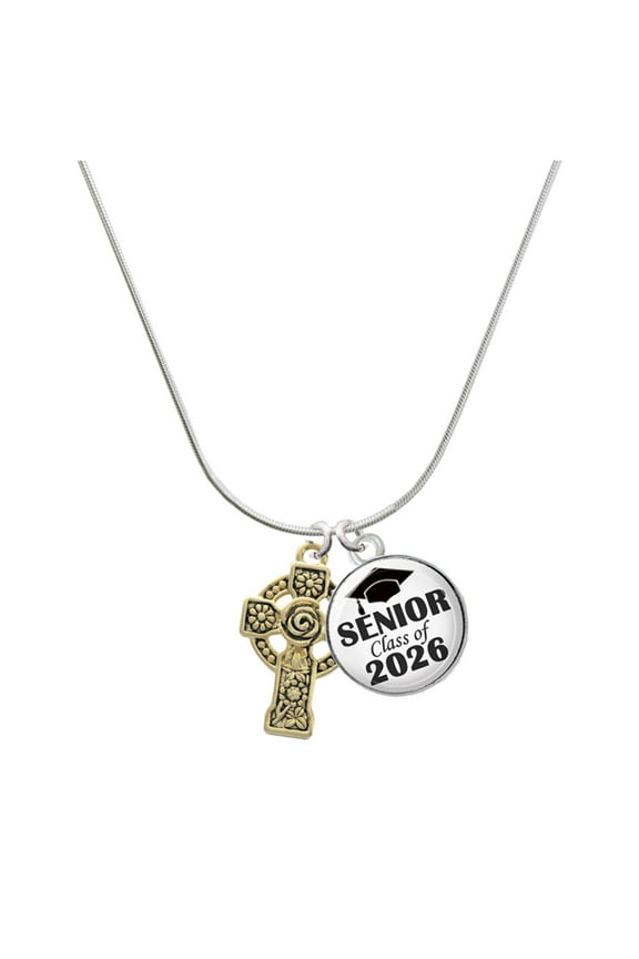 Gold-tone Large Celtic Cross - Silvertone Senior Class of 2026 Dome Necklace, 18"
