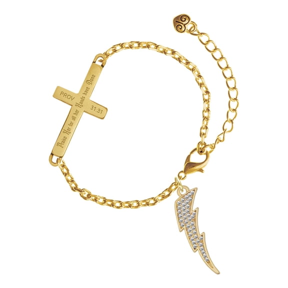 Delight Jewelry Gold-tone Large Clear Crystal Lightning Bolt - Gold Tone Proverbs 31:31 Praise Her for all Her Hands have Done Engraved Cross Charm Bracelet, 6.5+1.5" Extender