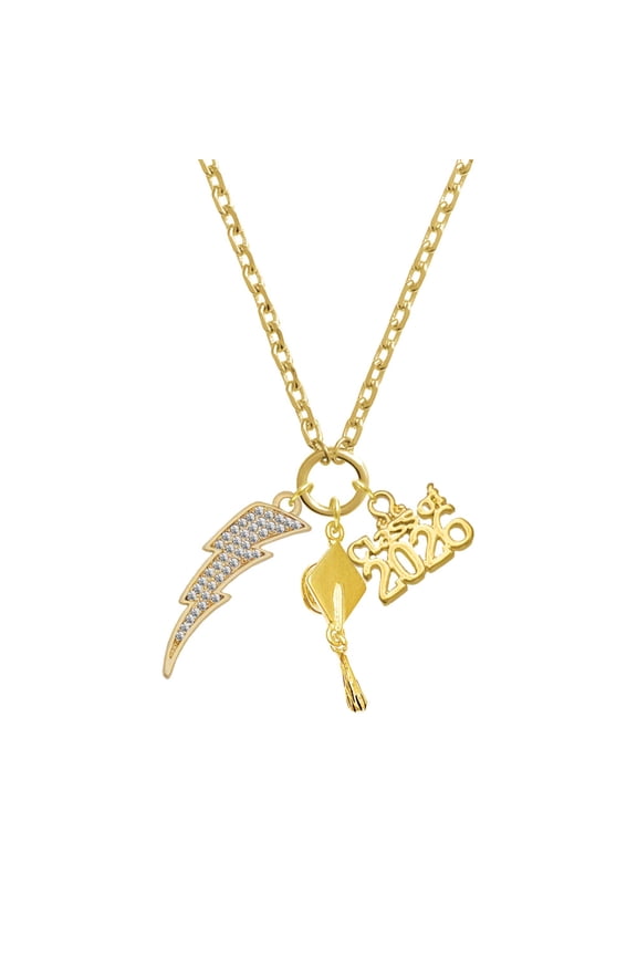 Gold-tone Large Clear Crystal Lightning Bolt - Gold-tone Class of 2026 Graduation Zoey Charm Necklace, 28"