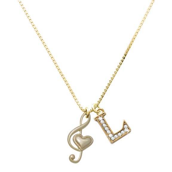 Delight Jewelry Gold-tone Large Clef with Heart Charm and Crystal Initial L Charm Necklace, 17.5"+2"