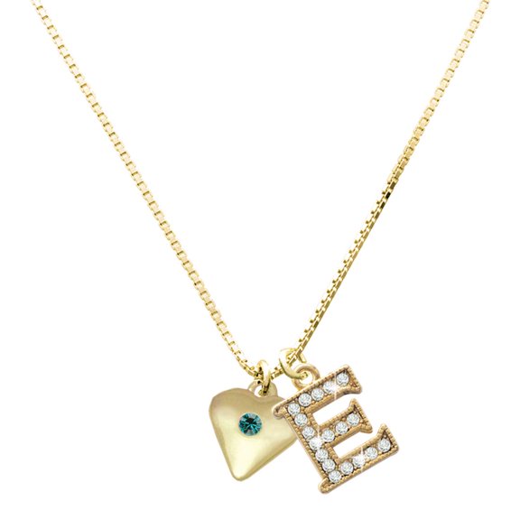Delight Jewelry Gold-tone Large December - Teal Crystal Heart - Large Goldtone Crystal Initial - E - Charm Necklace, 17.5"+2"