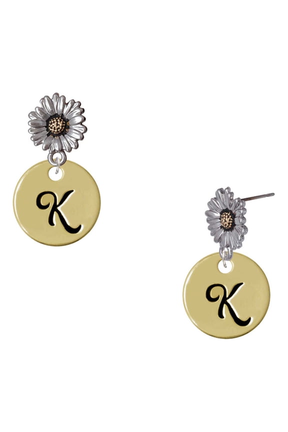 Gold-tone Large Disc Letter - K - 3/4'' - Two-tone Daisy Flower Post Earrings