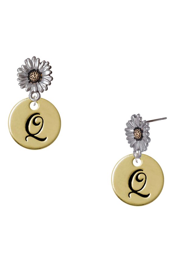 Gold-tone Large Disc Letter - Q - 3/4'' - Two-tone Daisy Flower Post Earrings