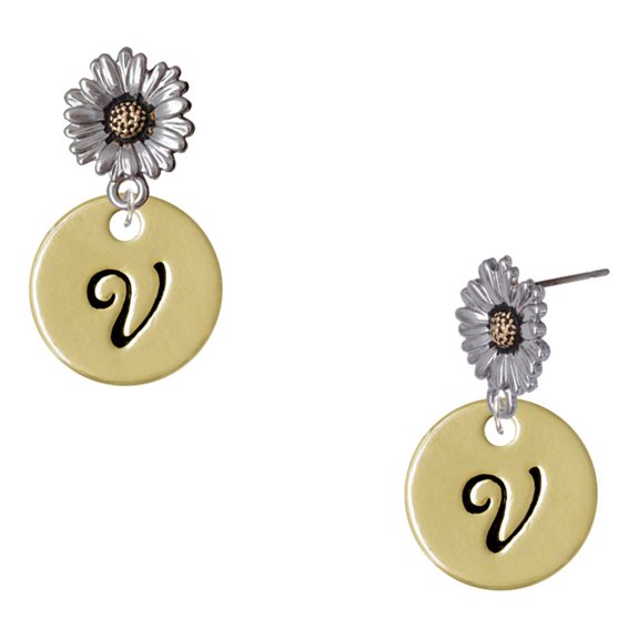 Delight Jewelry Gold-tone Large Disc Letter - V - 3/4'' - Two-tone Daisy Flower Post Earrings