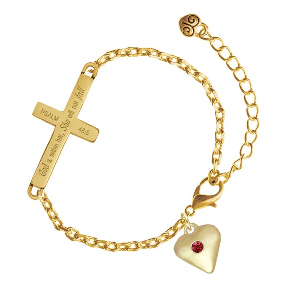Delight Jewelry Gold-tone Large January - Maroon Crystal Heart - Gold Tone Psalm 46:5 She will not fall Engraved Cross Charm Bracelet, 6.5+1.5" Extender