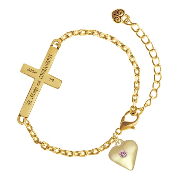 Delight Jewelry Gold-tone Large Light Pink Crystal Heart - Gold Tone Joshua 1:9 Strong and Courageous Engraved Cross Charm Bracelet, 6.5+1.5" Extender