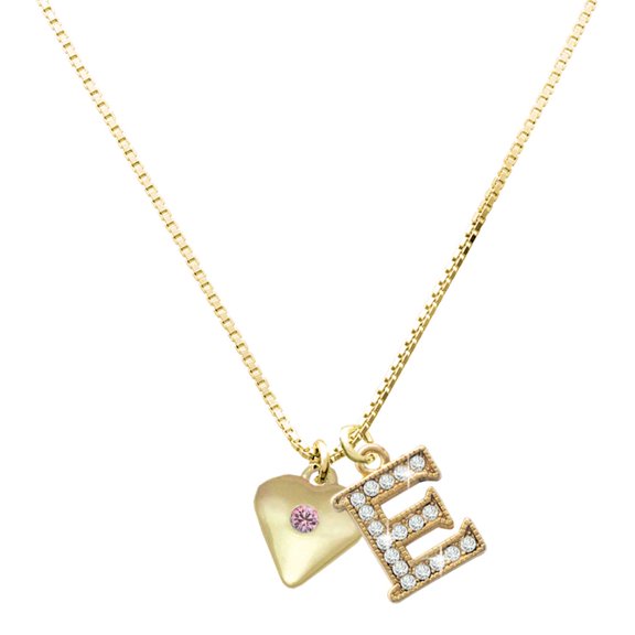 Delight Jewelry Gold-tone Large Light Pink Crystal Heart - Large Goldtone Crystal Initial - E - Charm Necklace, 17.5"+2"