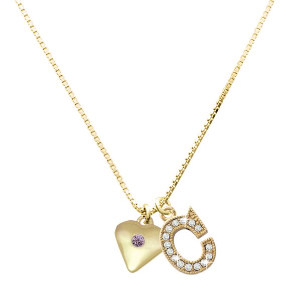 Delight Jewelry Gold-tone Large Light Purple Crystal Heart - Large Goldtone Crystal Initial - C - Charm Necklace, 17.5"+2"