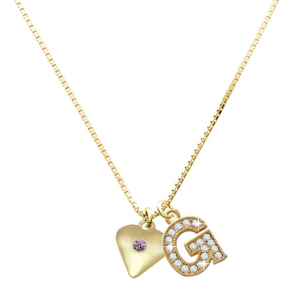 Delight Jewelry Gold-tone Large Light Purple Crystal Heart and a Large Goldtone Crystal Initial G Charm Necklace, 17.5"+2"