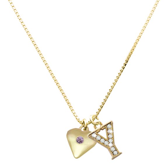 Delight Jewelry Gold-tone Large Light Purple Crystal Heart - Large Goldtone Crystal Initial - Y - Charm Necklace, 17.5"+2"