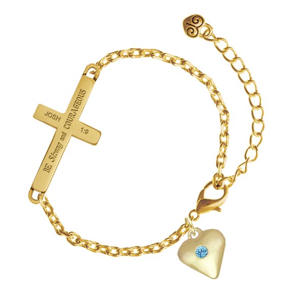 Delight Jewelry Gold-tone Large March - Hot Blue Crystal Heart - Gold Tone Joshua 1:9 Strong and Courageous Engraved Cross Charm Bracelet, 6.5+1.5" Extender