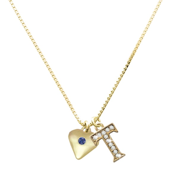 Delight Jewelry Gold-tone Large September - Blue Crystal Heart - Large Goldtone Crystal Initial - T - Charm Necklace, 17.5"+2"