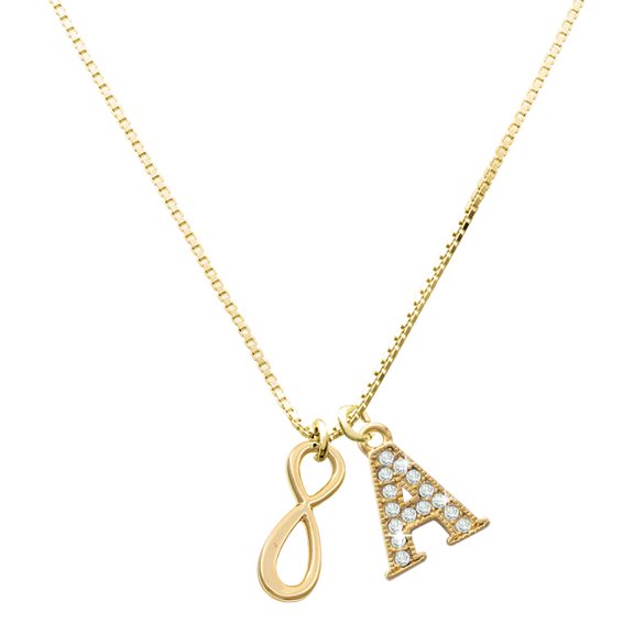 Delight Jewelry Gold-tone Medium Elegant Infinity Sign - Large Goldtone Crystal Initial - A - Charm Necklace, 17.5"+2"