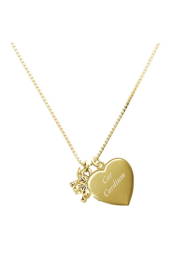 Gold-tone Mini 3-D Elephant - Plated Engraved Cor Cordium Heart Locket Necklace, 17.5"+2" Extender