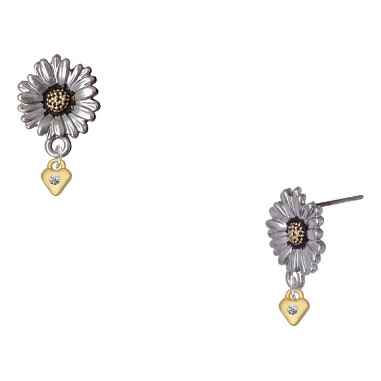 Delight Jewelry Gold-tone Mini April - Clear Crystal Heart - Two-tone Daisy Flower Post Earrings