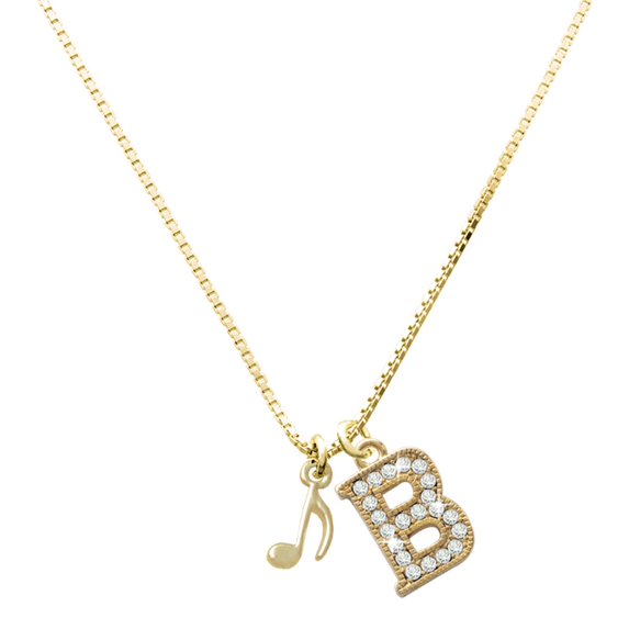 Delight Jewelry Gold-tone Mini Eighth Note - Large Goldtone Crystal Initial - B - Charm Necklace, 17.5"+2"