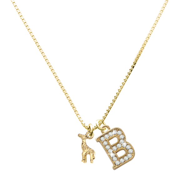 Delight Jewelry Gold-tone Mini Giraffe - Large Goldtone Crystal Initial - B - Charm Necklace, 17.5"+2"