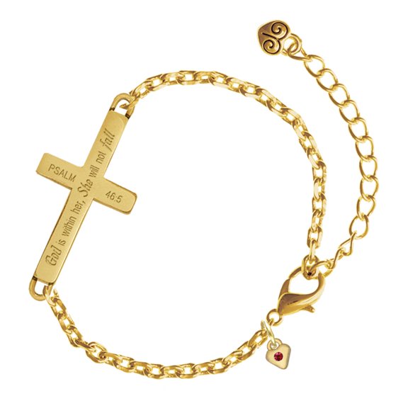Delight Jewelry Gold-tone Mini January - Maroon Crystal Heart - Gold Tone Psalm 46:5 She will not fall Engraved Cross Charm Bracelet, 6.5+1.5" Extender