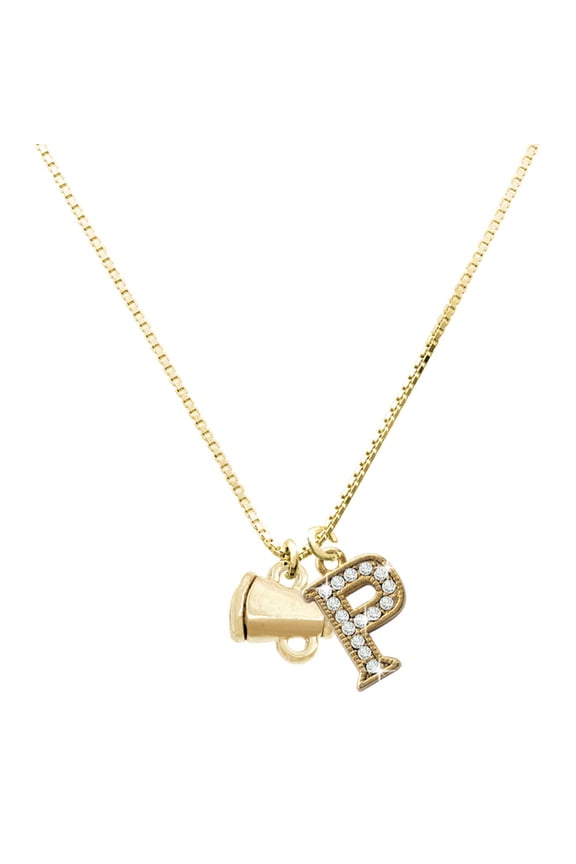 Gold-tone Mini Megaphone - Large Goldtone Crystal Initial - P - Charm Necklace, 17.5"+2"