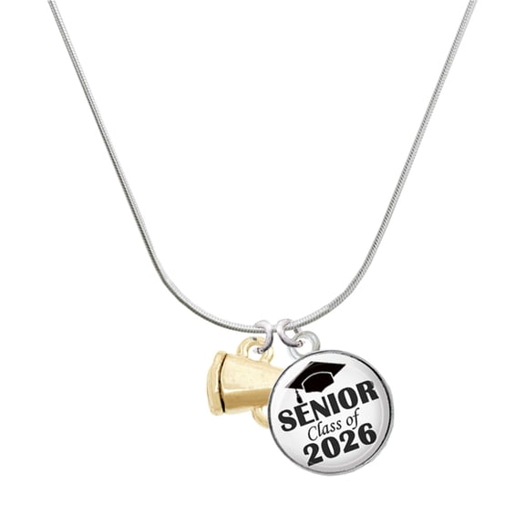 Delight Jewelry Gold-tone Mini Megaphone - Silvertone Senior Class of 2026 Dome Necklace, 18"
