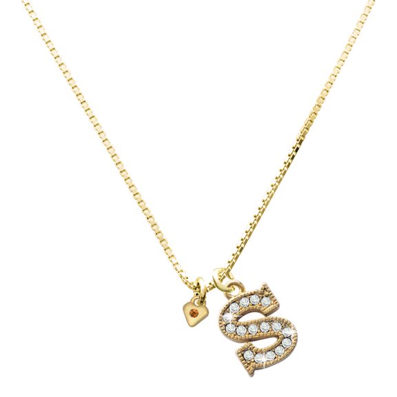 Delight Jewelry Gold-tone Mini November - Yellow Crystal Heart - Large Goldtone Crystal Initial - S - Charm Necklace, 17.5"+2"