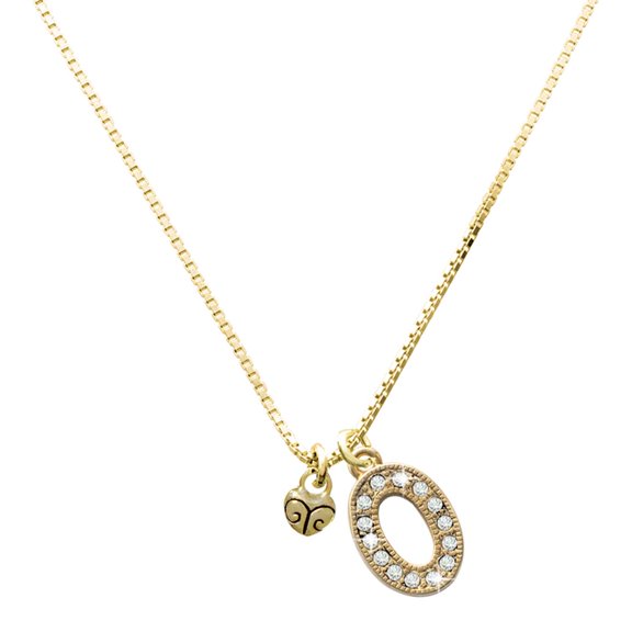 Delight Jewelry Gold-tone Mini Scroll Heart - Large Goldtone Crystal Initial - O - Charm Necklace, 17.5"+2"