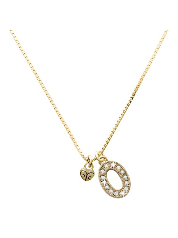 Gold-tone Mini Scroll Heart - Large Goldtone Crystal Initial - O - Charm Necklace, 17.5"+2"