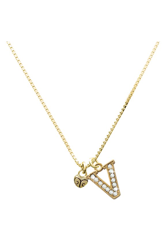 Gold-tone Mini Scroll Heart - Large Goldtone Crystal Initial - V - Charm Necklace, 17.5"+2"