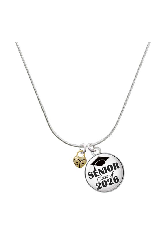Gold-tone Mini Scroll Heart - Silvertone Senior Class of 2026 Dome Necklace, 18"