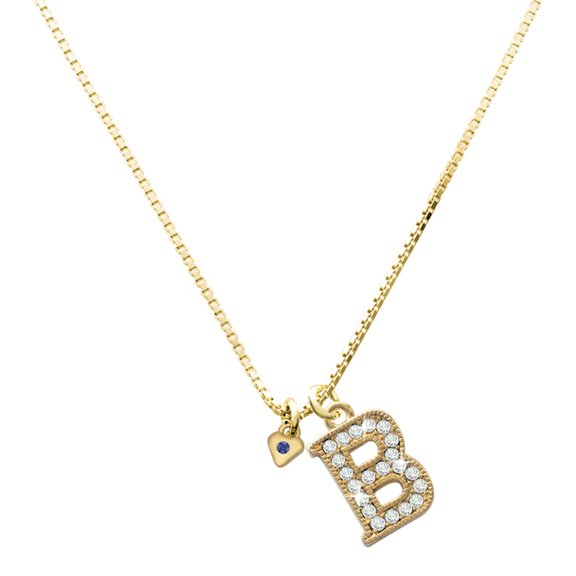 Delight Jewelry Gold-tone Mini September - Blue Crystal Heart - Large Goldtone Crystal Initial - B - Charm Necklace, 17.5"+2"