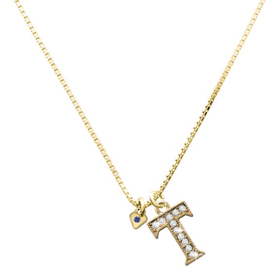 Delight Jewelry Gold-tone Mini September - Blue Crystal Heart - Large Goldtone Crystal Initial - T - Charm Necklace, 17.5"+2"