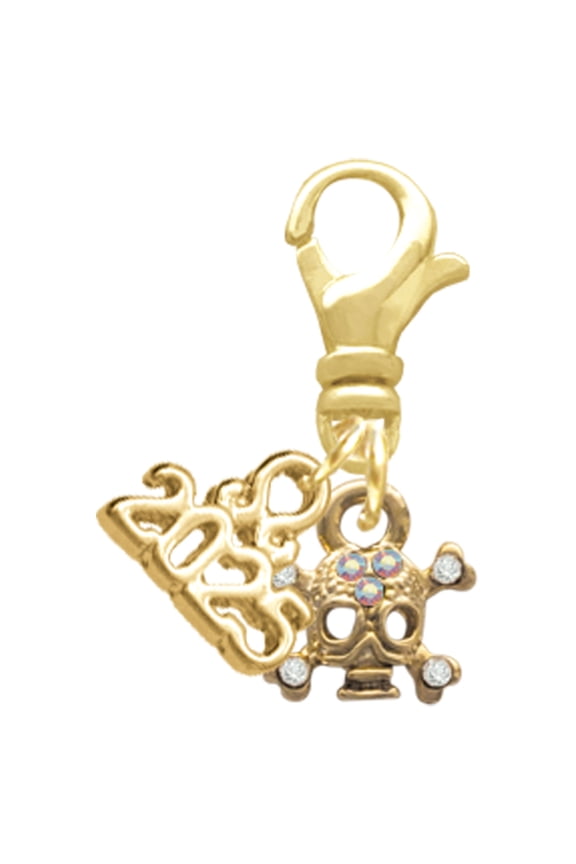 Gold-tone Mini Skull & Bones with Crystals - Gold-tone Clip on Charm with Mini Year 2025