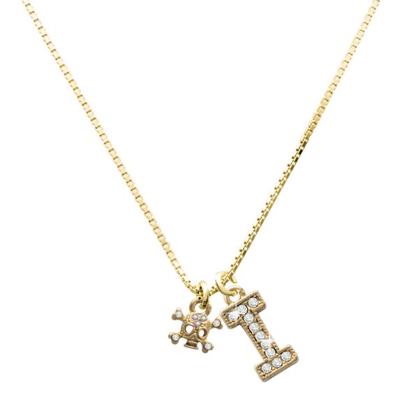 Delight Jewelry Gold-tone Mini Skull & Bones with Crystals and Large Crystal Initial I Charm Necklace, 17.5"+2"
