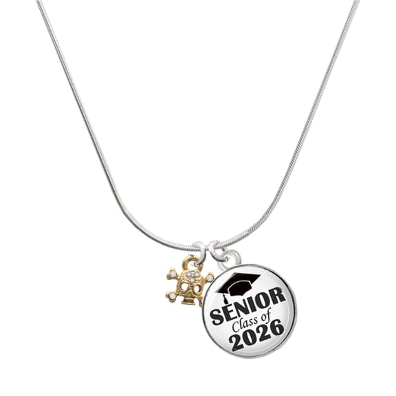 Delight Jewelry Gold-tone Mini Skull & Bones with Crystals - Silvertone Senior Class of 2026 Dome Necklace, 18"