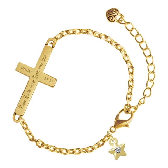 Delight Jewelry Gold-tone Mini Star with Clear Crystal - Gold Tone Proverbs 31:31 Praise Her for all Her Hands have Done Engraved Cross Charm Bracelet, 6.5+1.5" Extender