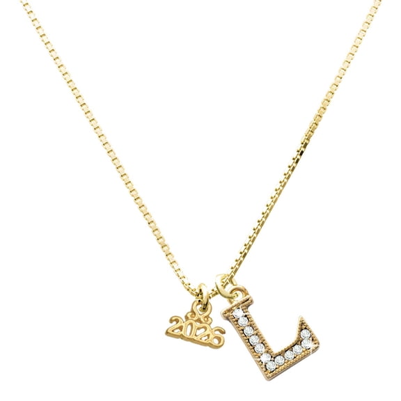 Delight Jewelry Gold-tone Mini Year 2026 and a Large Goldtone Crystal Initial L Charm Necklace, 17.5"+2"
