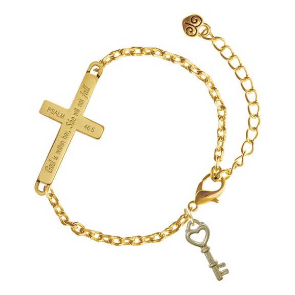 Delight Jewelry Gold-tone Open Heart Key - Gold Tone Psalm 46:5 She will not fall Engraved Cross Charm Bracelet, 6.5+1.5" Extender