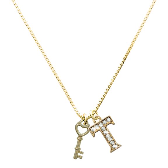 Delight Jewelry Gold-tone Open Heart Key - Large Goldtone Crystal Initial - T - Charm Necklace, 17.5"+2"
