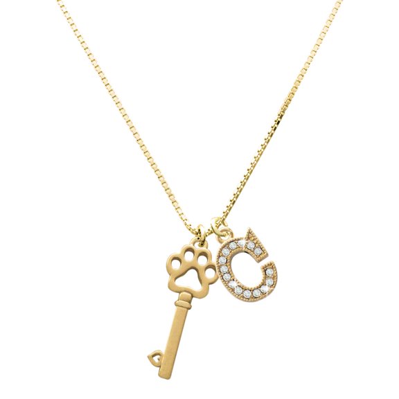 Delight Jewelry Gold-tone Open Paw Key with a Large Goldtone Crystal Initial - C - Charm Necklace, 17.5"+2"