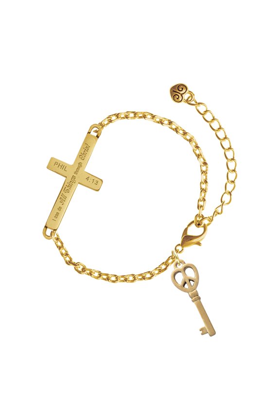 Gold-tone Open Peace Heart Key - Gold Tone Philipians 4:13 I Do All Things Through Christ Engraved Cross Charm Bracelet, 6.5+1.5" Extender