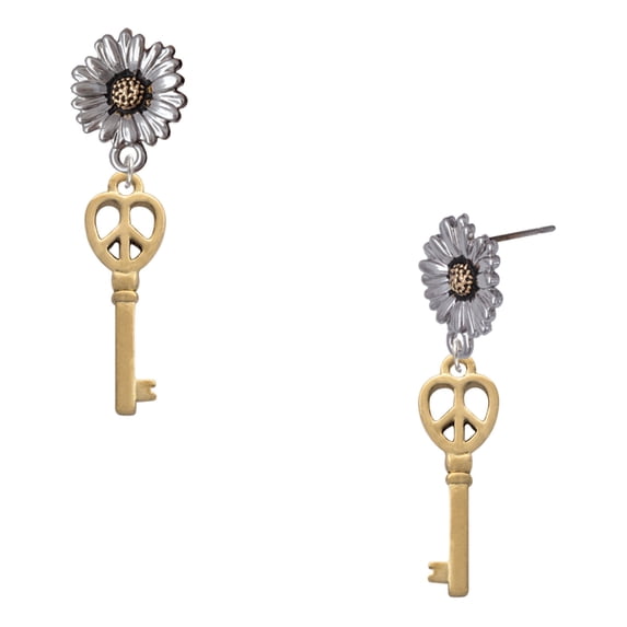 Delight Jewelry Gold-tone Open Peace Heart Key - Two-tone Daisy Flower Post Earrings