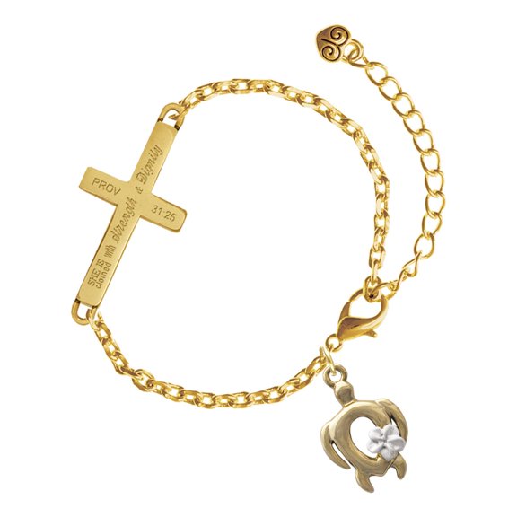 Delight Jewelry Gold-tone Open Sea Turtle with White Plumeria - Gold Tone Proverbs 31:25 She is Clothed with Strength and Dignity Engraved Cross Charm Bracelet, 6.5+1.5" Extender